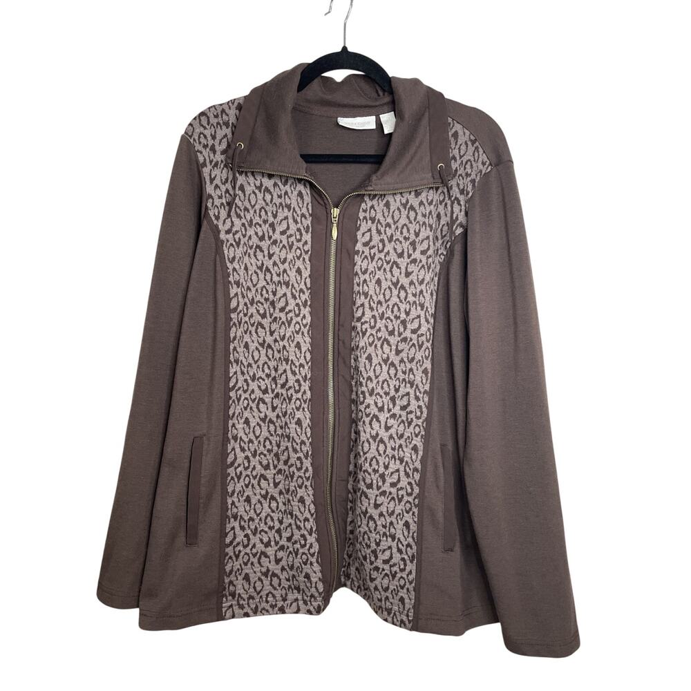 Weekend By Chico’s Size 3 Brown - Full Zip Jacket With Leopard Print Panel